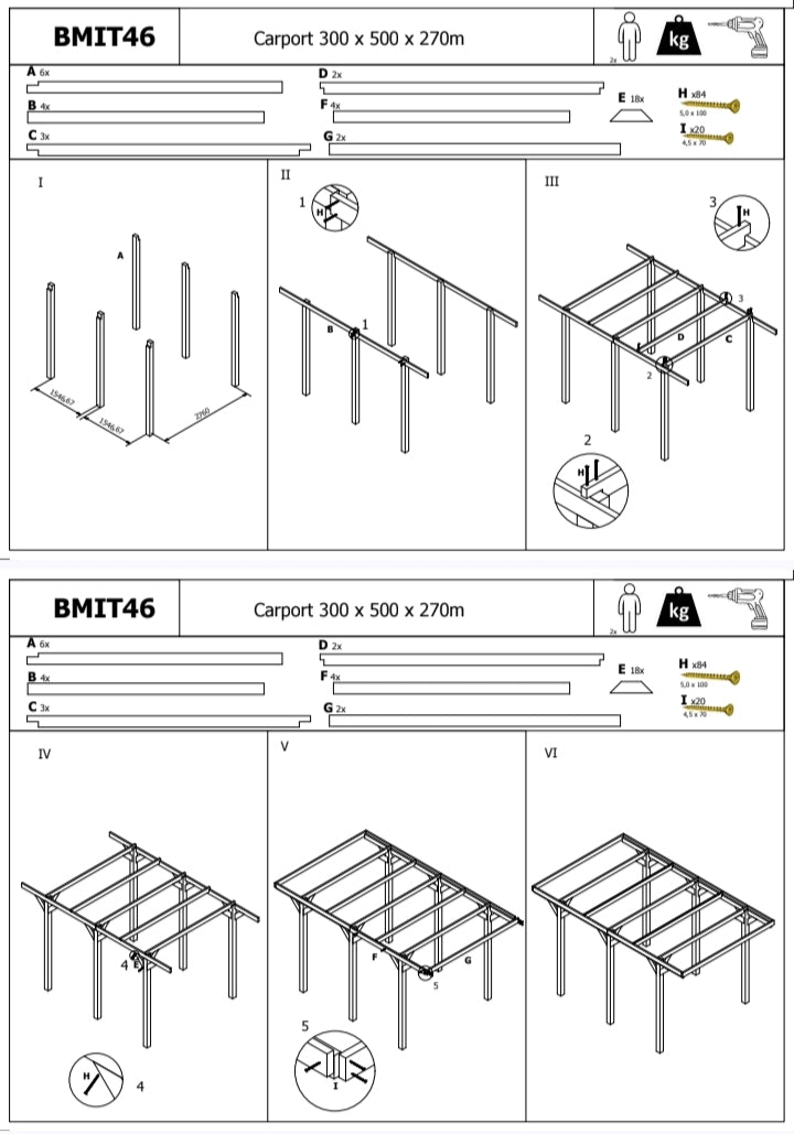 Carport autoclavato 300x500x270 palo 12x12 cm