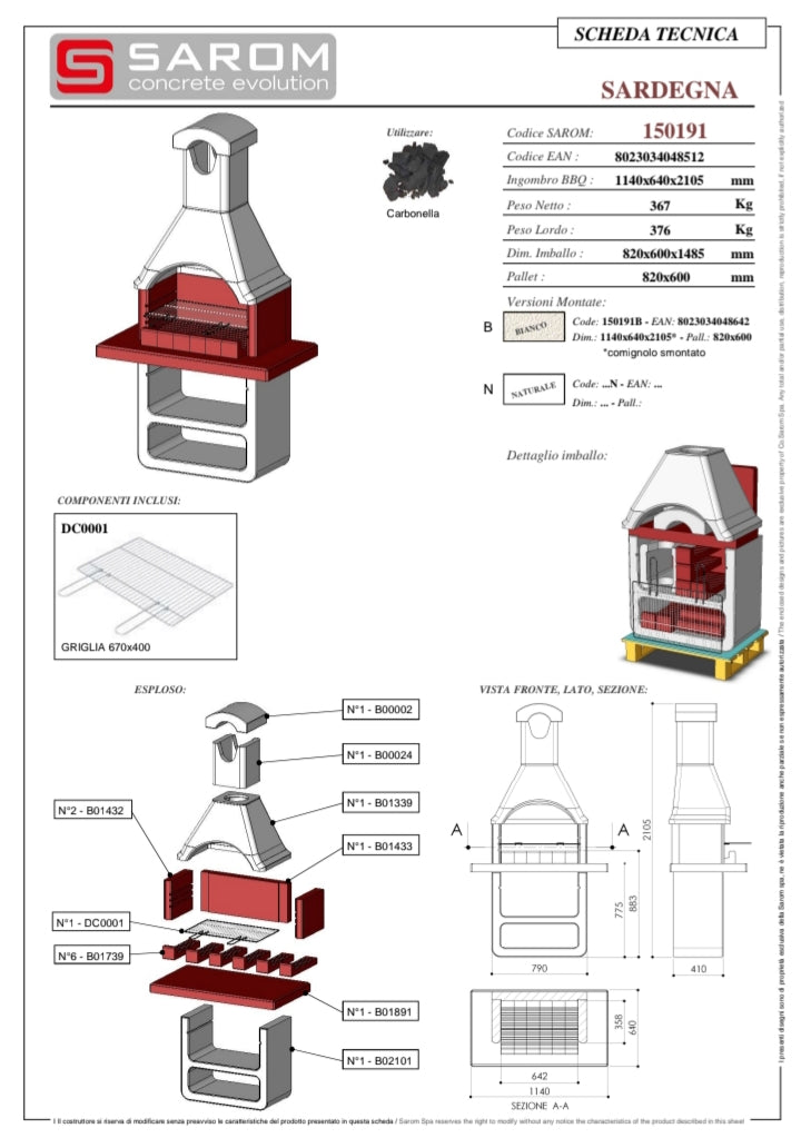 Barbecue sardegna a carbonella 114x64x210,5 cm (lxpxh)
