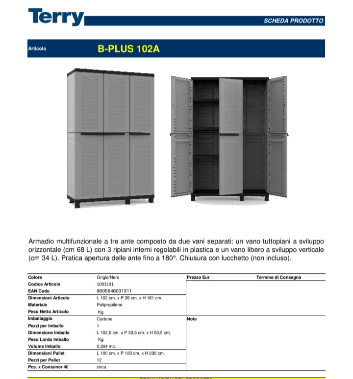 Armadio in resina terry 3 ante tuttopiani portascope 102x181x39 cm (lxhxp)